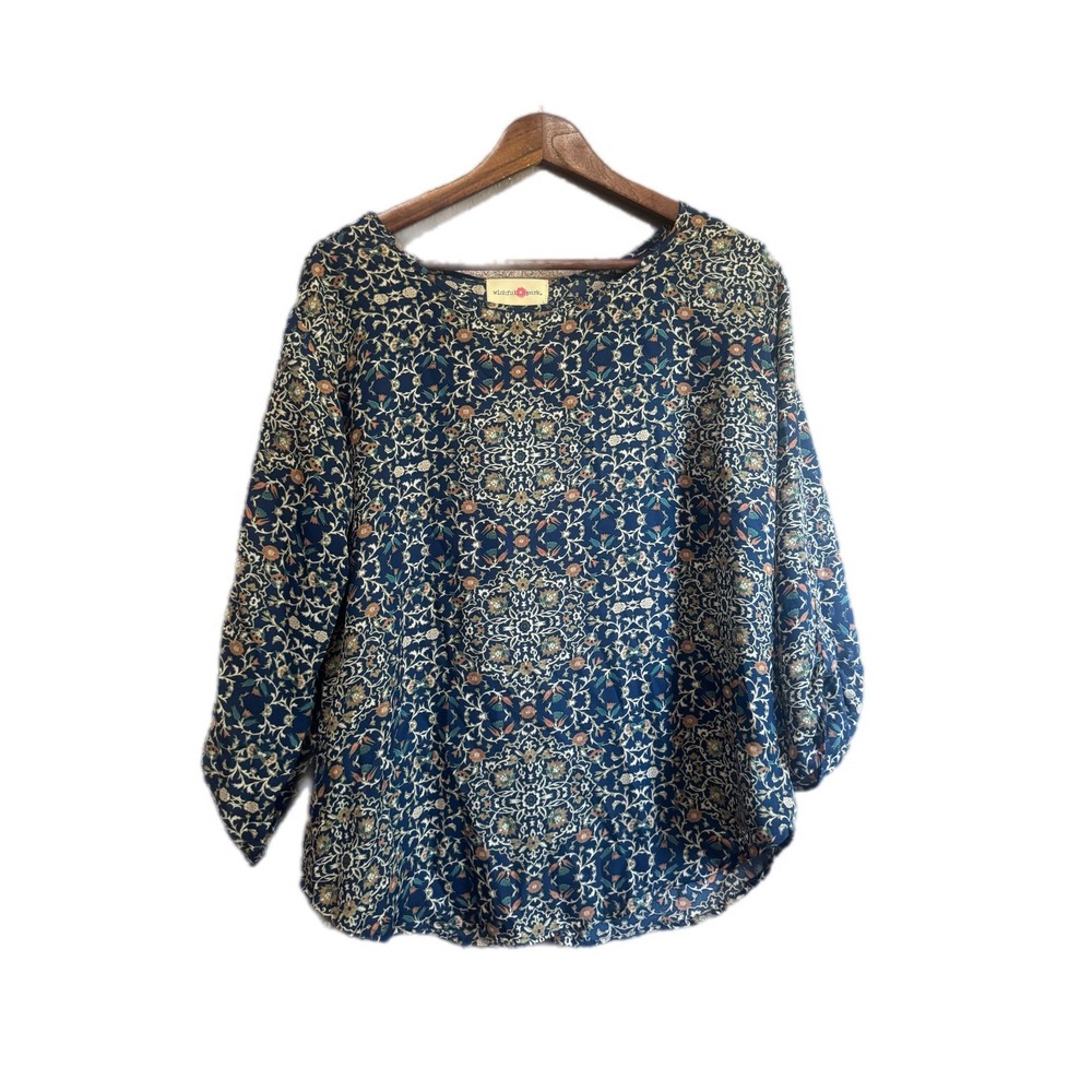 Wishful Park Blouse women Medium Navy Blue Excellent Floral Roll Tab Button Back